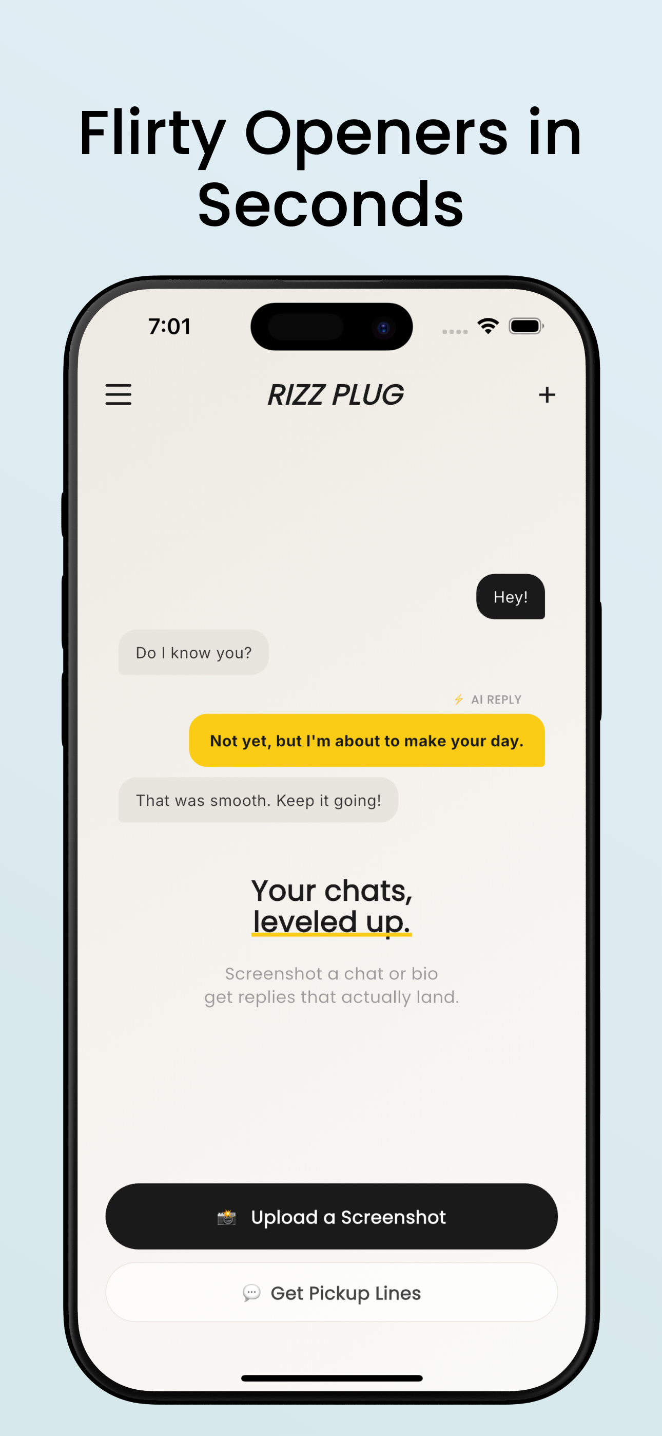 Rizz Plug AI pickup line generator — chat screenshot reply