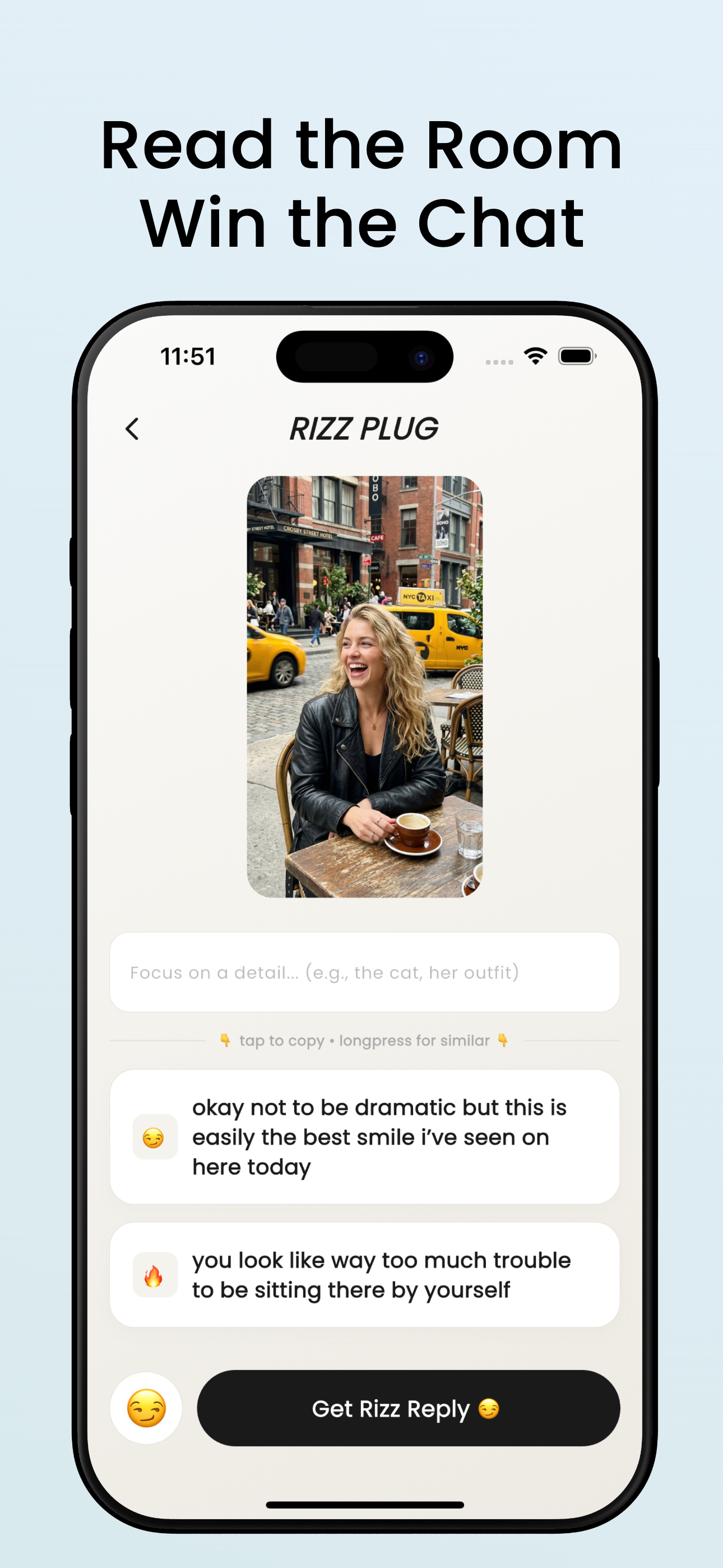 Plug AI pickup lines from photo — AI rizz generator